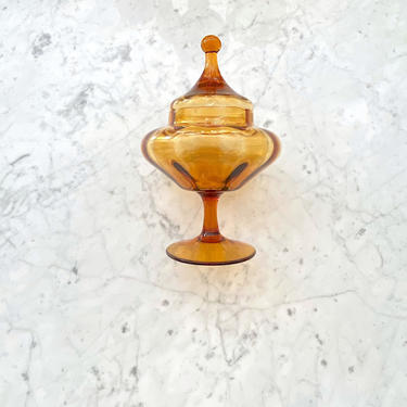 Vintage Mid Century Modern Italian Art Glass AMBER Apothecary Compote Candy Jar Empoli Murano Italy 10.75&amp;quot; Tall 1960s 1970s Carlo Moretti 