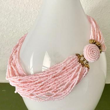 GLAM 50s Vintage Multi Strand Necklace, Statement, Pink Seed Beads, Mid Century Pin Up 