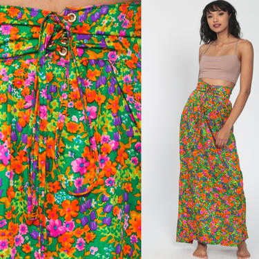Floral Bohemian Skirt Maxi 70s Long PSYCHEDELIC Skirt Lace Up Neon Green High Waist Hippie 1970s Boho Vintage Bohemian Retro Extra Small xs 