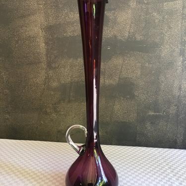 Vintage Hand Blown Eggplant Purple Art Glass Pitcher or Vase with Handle and Long Neck by BellewoodDesignGoods