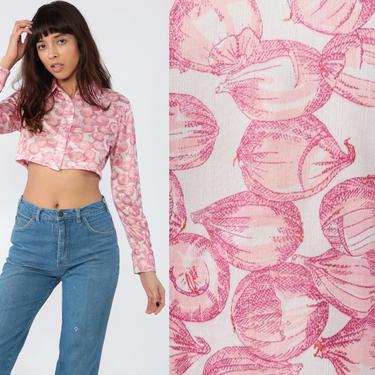 Onion Print Shirt 70s Button Up Crop Top Novelty Blouse 1970s Blouse Pink Chef Cook Vintage Long Sleeve Blouse Vegetable Button Down Small 