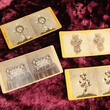 Group of Four Antique Floral Arrangements Stereocards with Funeral Flowers 