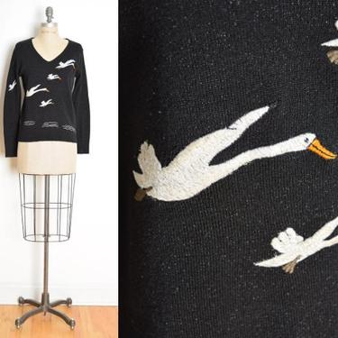 vintage 70s sweater black sparkly embroidered swans geese birds jumper top shirt clothing 