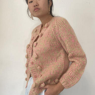 50s hand knit mohair sweater / vintage hand knit blush pink space dyed Italian mohair popcorn cardigan sweater | S 