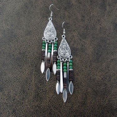 Chandelier earrings, tribal antique silver, boho chic earrings, ethnic earrings, southwestern earrings, long bohemian earrings green 