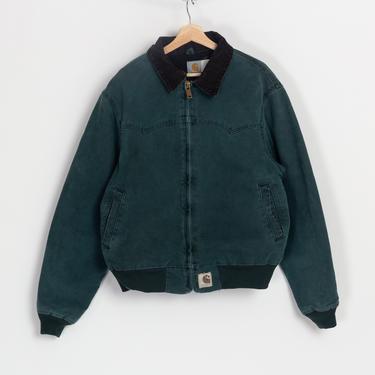 Vintage Carhartt Green Corduroy Collar Jacket - Men's Large Regular | 90s Canvas Duck Denim Workwear Coat 