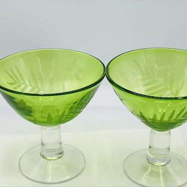 Vintage Hand Blown and Etched Green Cocktail, Margarita, or Martini Glasses 