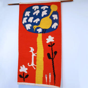 Evelyn Ackerman - Cat and Bird Wool Tapestry / Wall Hanging 