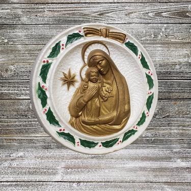 Vintage Virgin Mary &amp; Baby Jesus Styrofoam Wall Hanging, Door Decor, Holly Leaves, Mid Century Modern Christmas Decoration, Vintage Holidays 
