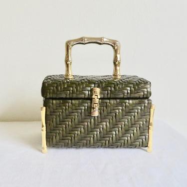 Vintage 1960's Olive Green Woven Wicker Basket Box Purse Gold Metal Bamboo Top Handle and Hardware Lescoe Lona 60's Handbags 