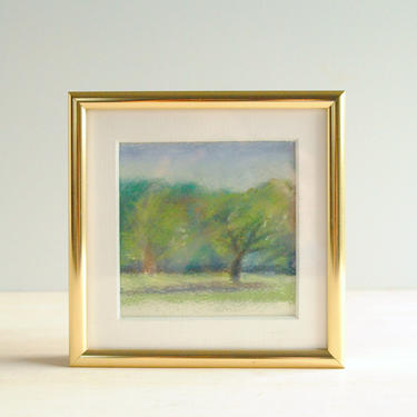 Vintage Tiny Pastel Landscape Drawing, Framed Pastel Tree and Mountain Painting 