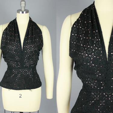 1950s-style EYELET HALTER | 50s inspired Pink &amp; Black Tie Neck Summer Blouse | small 