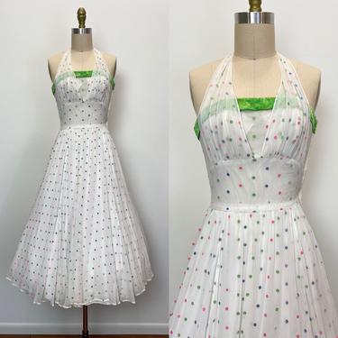 Vintage 1950s Dress 50s Party Prom Polka Dot XS Petite Halter Top 