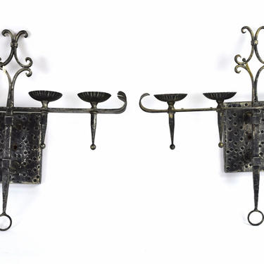 Vintage Pair of Italian Hand Hammered Four Light Candelabra Wall Sconces 
