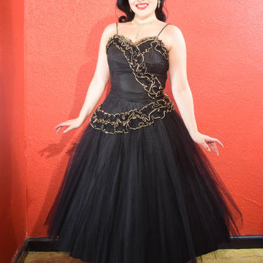 1950s Emma Domb Dress Black &amp; Gold Net Prom Party Shelf Bust Small 