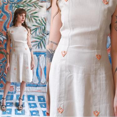 Vintage 60s Ecru and Salmon Linen Mod Dress/ 1960s Beige Pink Sleeveless Dress/Irish Linen/ Size Small 