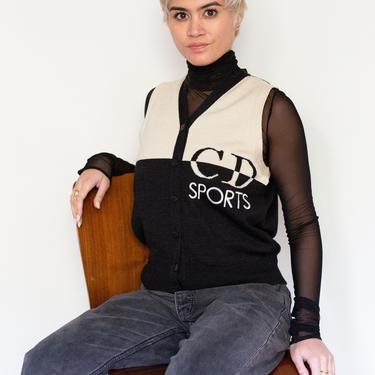 Vintage Christian Dior Sports Logo Sweater Vest in Black + White CD Monogram 90s Y2K S M Knit Button Up 
