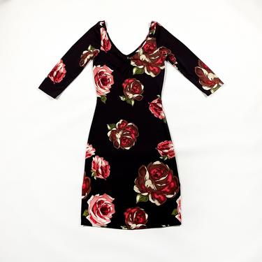 90s Brown Floral Rose Print Midi Dress / Three Quarter Length Sleeves / y2k / 00s / Millenium / Hourglass / Small / Side Slits / Bratz 