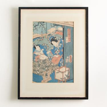 Vintage Japanese Woodblock Art Print Ukiyo-e Artist Toyo Kuni Framed Original Samurai Warrior Kabuki Actors Print Kimono Japanese Decor 