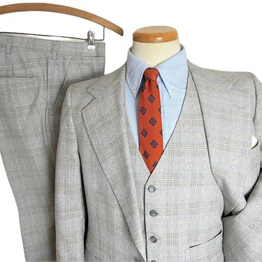 Vintage 1970s 3pc Wool Flannel Suit ~ 36 R ~ vest / waistcoat ~ pants / jacket / sport coat ~ Glen Plaid ~ 70s 
