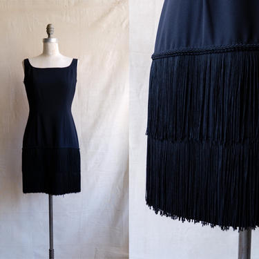 Vintage 90s Black Fringe Party Dress/ 1990s Scoop Neck Flapper Style LBD/ Size Medium 