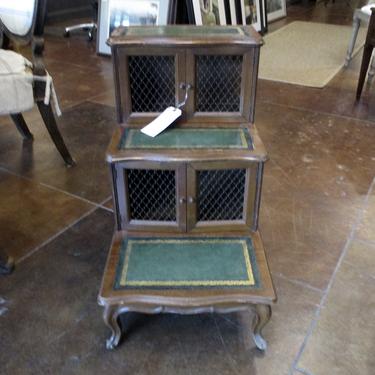 PAIR OF VINTAGE THREE TIER LEATHER TOP SIDE TABLES
