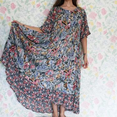 90s Vintage Floral Dress, Patchwork Empire Waist Maxi Dress by La Cara Comfortware, Size Large 