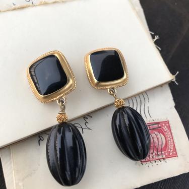 Black and Gold Clip Dangle Earrings