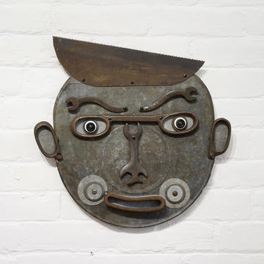 mark brown 'boy with glasses', folk art mask, folk art scupture, outsider art sculpture, mark brown artist, mixed media art, assemblage art 
