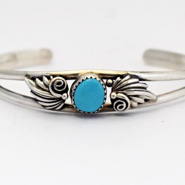 70's sterling turquoise elegant Southwestern hippie stackable cuff, handcrafted 925 silver blue stone cab leaf motif tribal bracelet 