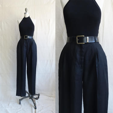Vintage 90s Black Linen Trousers/ 1990s High Waisted Pleated Pants/ Minimalist/ Size 27 