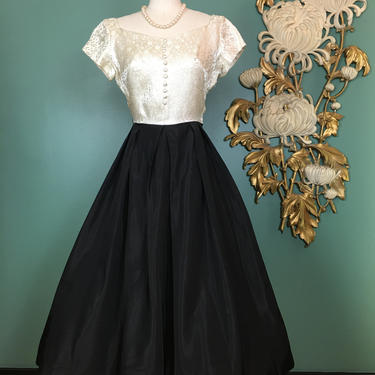1950s party dress, vintage 50s dress, black and white, 50s brocade dress, fit and flare, x small, 24 waist, full skirt dress, black taffeta 