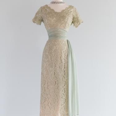 Divine 1950's Pistachio Lace Wiggle Dress With Sash  / Waist 28