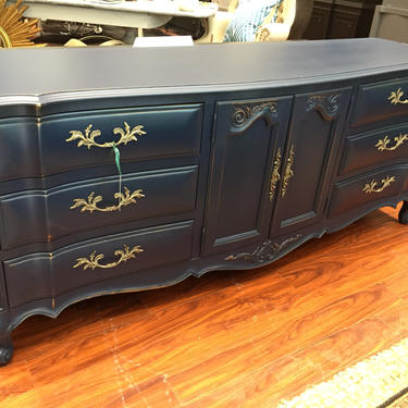 Long Navy French Provincial Dresser - 7/7 