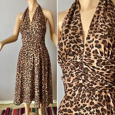 Flowy Chiffon Halter Dress, Leopard Print,  Deep V Neckline, Bare Back, Animal Print, Vintage 90s 00s 
