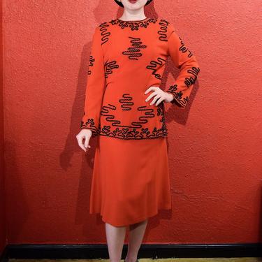 1930s Rare Red Crepe Tunic Dress with Black Soutache 