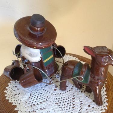 Vintage  Sleeping Mexican man Tequila Decanter sitting in a metal cart pulled by a Burro/ Donkey with 5 shot mugs 
