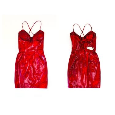 Stunning 90s 2000s y2k metallic Red Leather Dress Lace Up leather Dress XXS XS Small Michael Hoban North Beach red leather Short Dress 