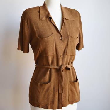 Vintage 1990s Clay Knit Top | M | 90s Brown Rayon Button Up Blouse with Tie Belt and Pockets 