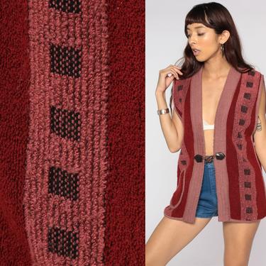70s Boho Vest Sleeveless Sweater Vest Top Burgundy Sweater Knit Striped Vest Hippie Vintage Open Front Toggle Button Bohemian Medium 