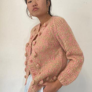 50s handknit mohair cardigan sweater / vintage handknit blush pink space dyed Italian mohair popcorn pom pom cardigan sweater | S 