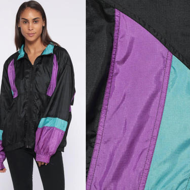 PUMA Windbreaker Jacket -- 90s Purple Color Block Print Black 80s Streetwear Warmup Track Suit Top Vintage Sportswear Sporty Medium Large 