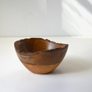 Small Vintage Artisan Made Organic Modern Wood Bowl with Bark Edge 