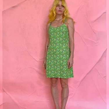 90s Green Floral Mini Slip Dress 