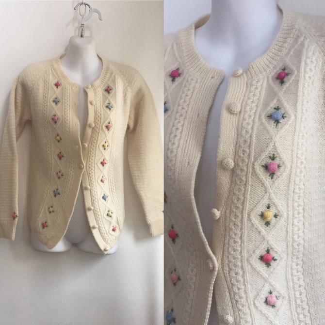 Size Small Vintage 1960's Gray Wool Cardigan Embroidered Monogram LHR