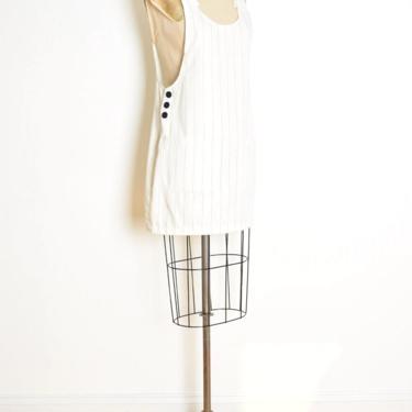 vintage 90s dress cream pinstripe deep scoop pinafore jumper mini dress S M 
