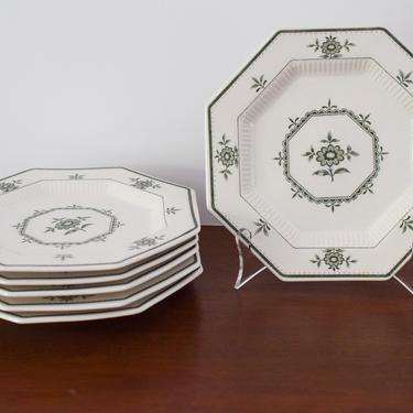 Green and White Floral Independence Ironstone Salad Plates. Set of Six Interpace Green Provincial Style Ironstone from 1970s. 