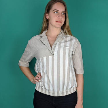 80s Biege and White Striped Linen Button Top (Vintage VTG), Boho Hipster Festival Boat Shirt 