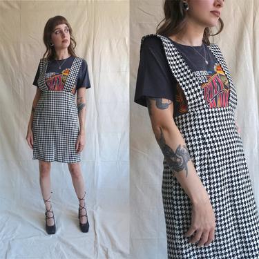Vintage 80s Houndstooth Pinafore Mini Dress/ 1980s Suspender Pencil Skirt/ Size Small Medium 