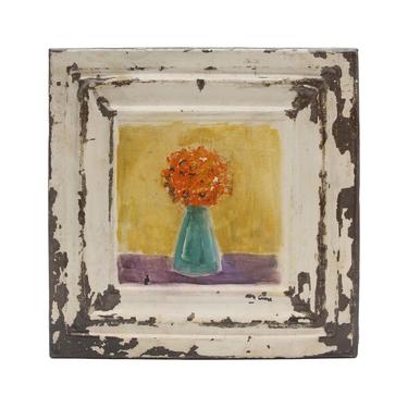 Orange Flowers in Teal Vase Antique Tin Panel